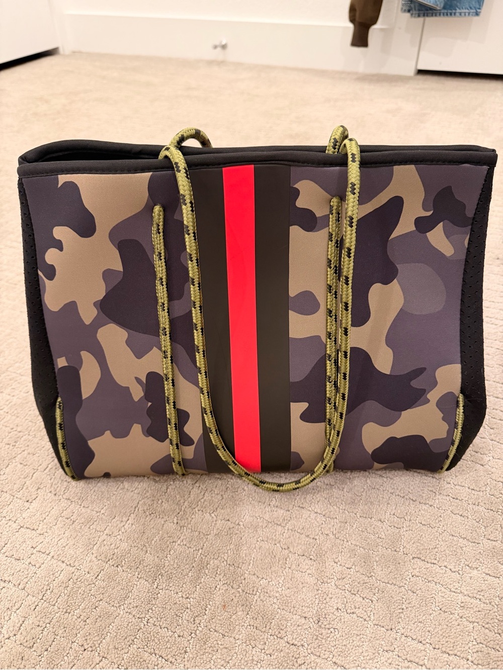Camo Neoprene Tote with Red Stripe